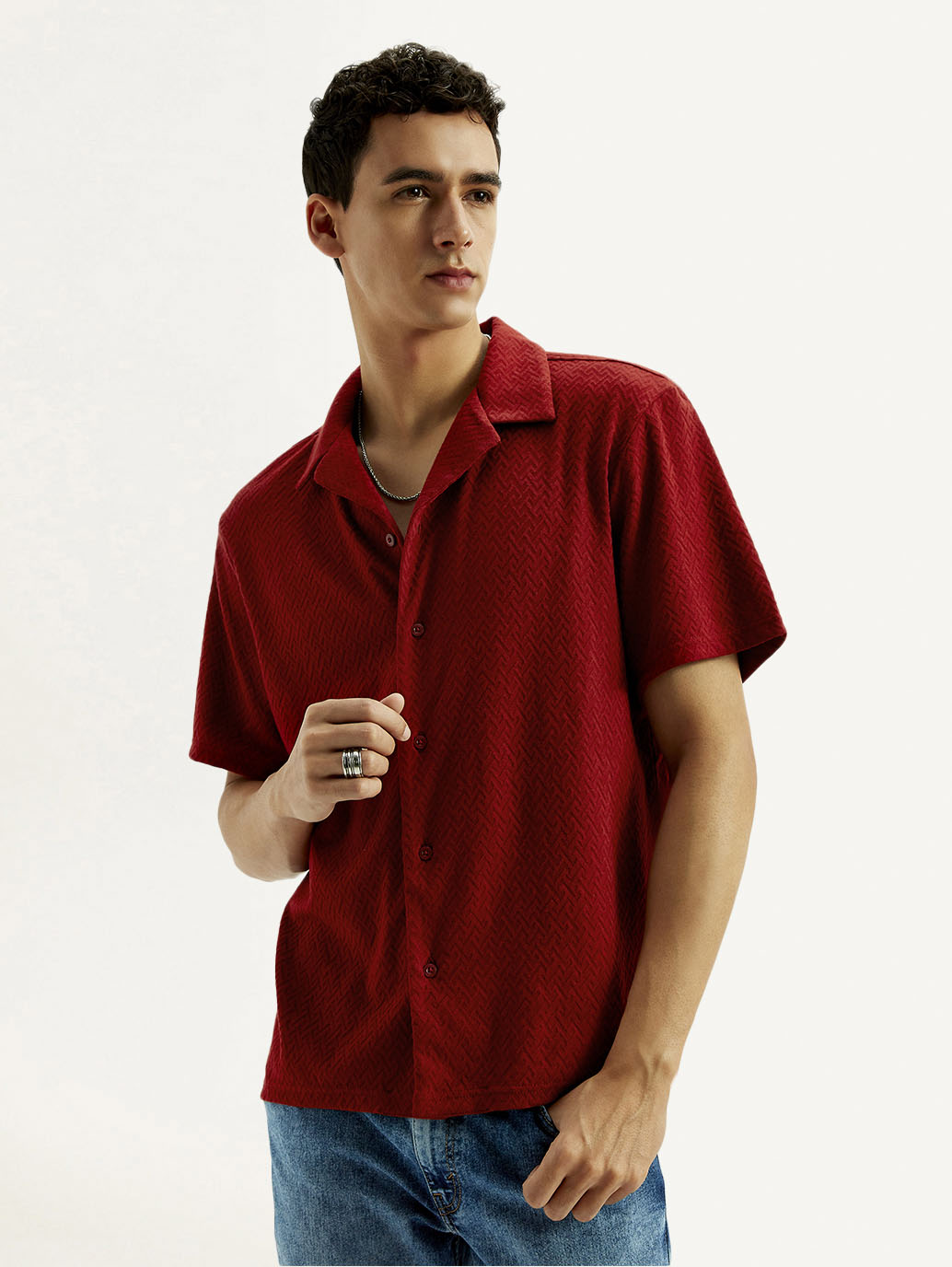 Men's Textured Relaxed Fit Resort Collar Knit Shirt