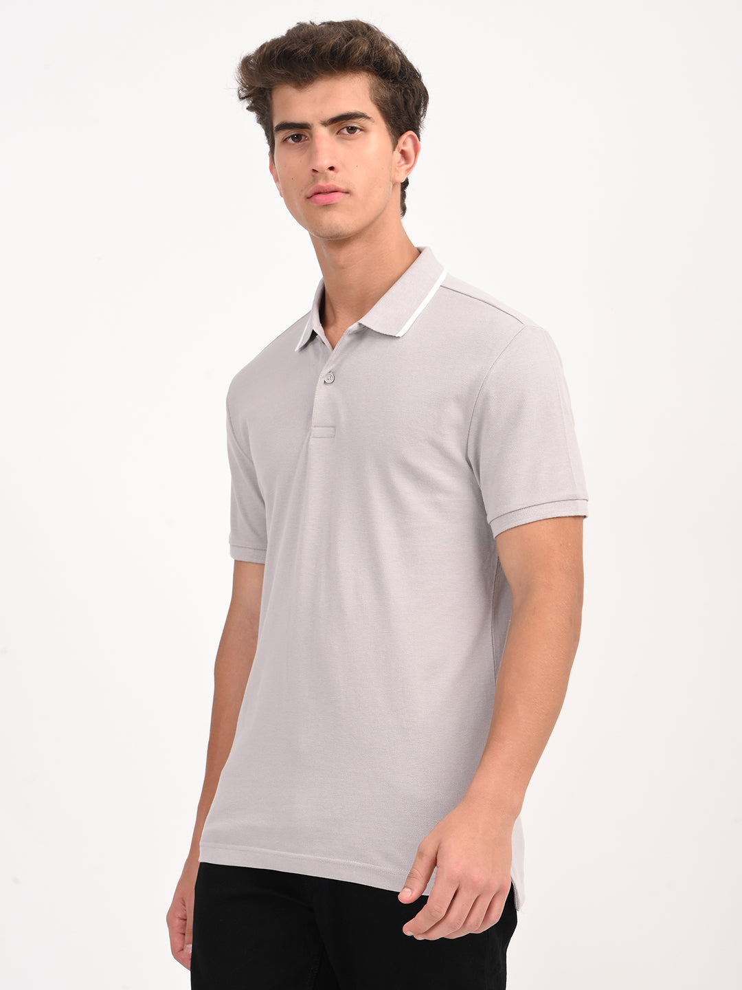 Men's Solid Light Grey Slim Fit Polo T-shirt