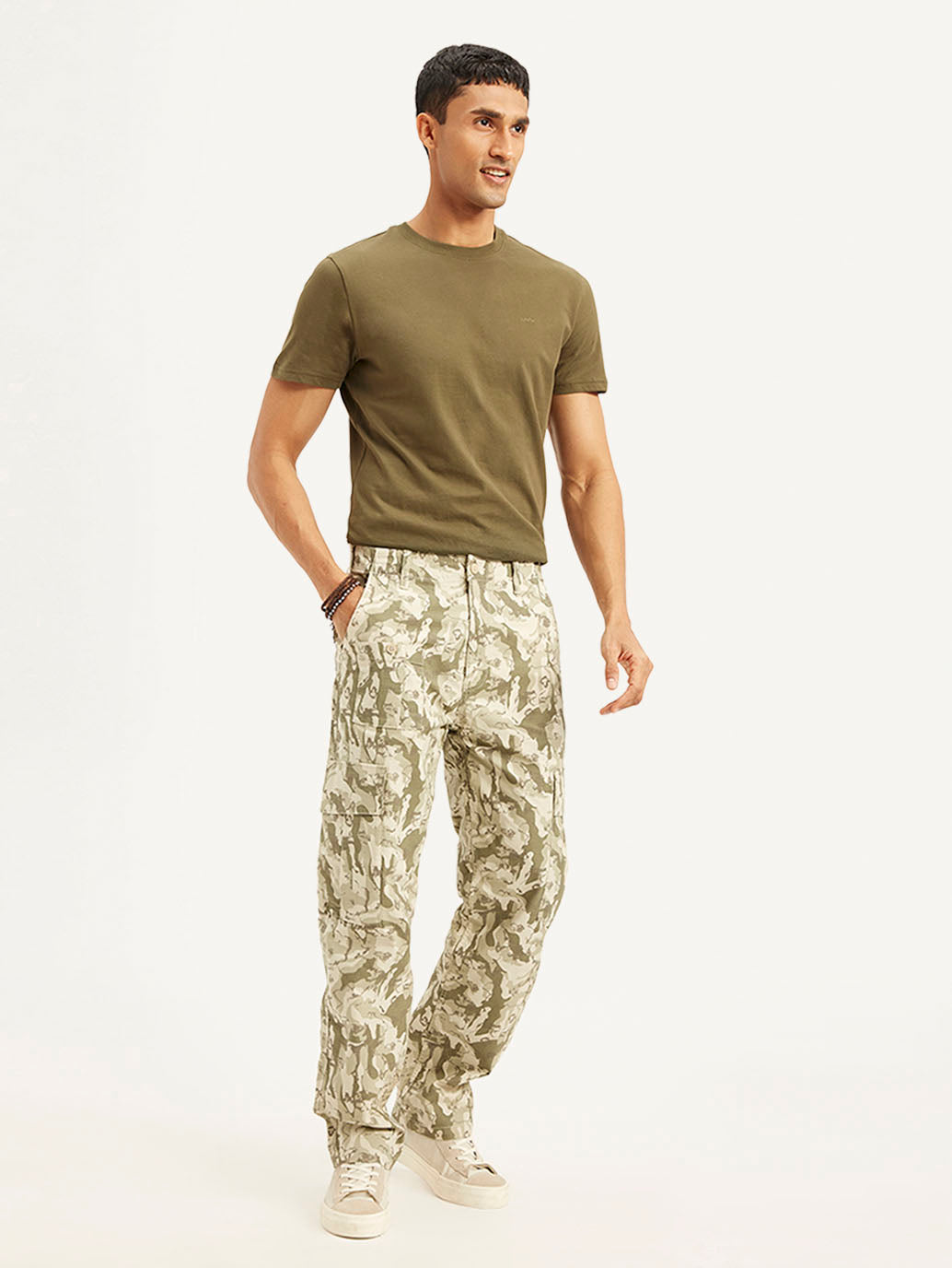 Men's Beige Loose Fit Cargo Trousers