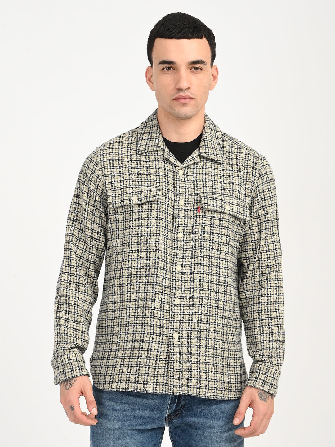 Men's Checkered Beige Slim Fit Camp Shirt