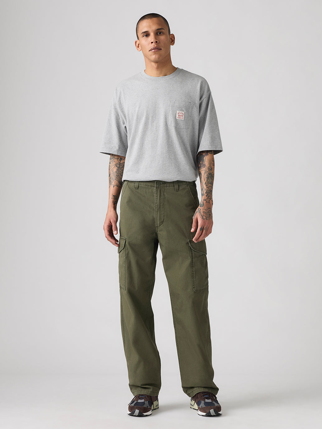 Men's Green Baggy Fit Mid Rise Cargo Trousers
