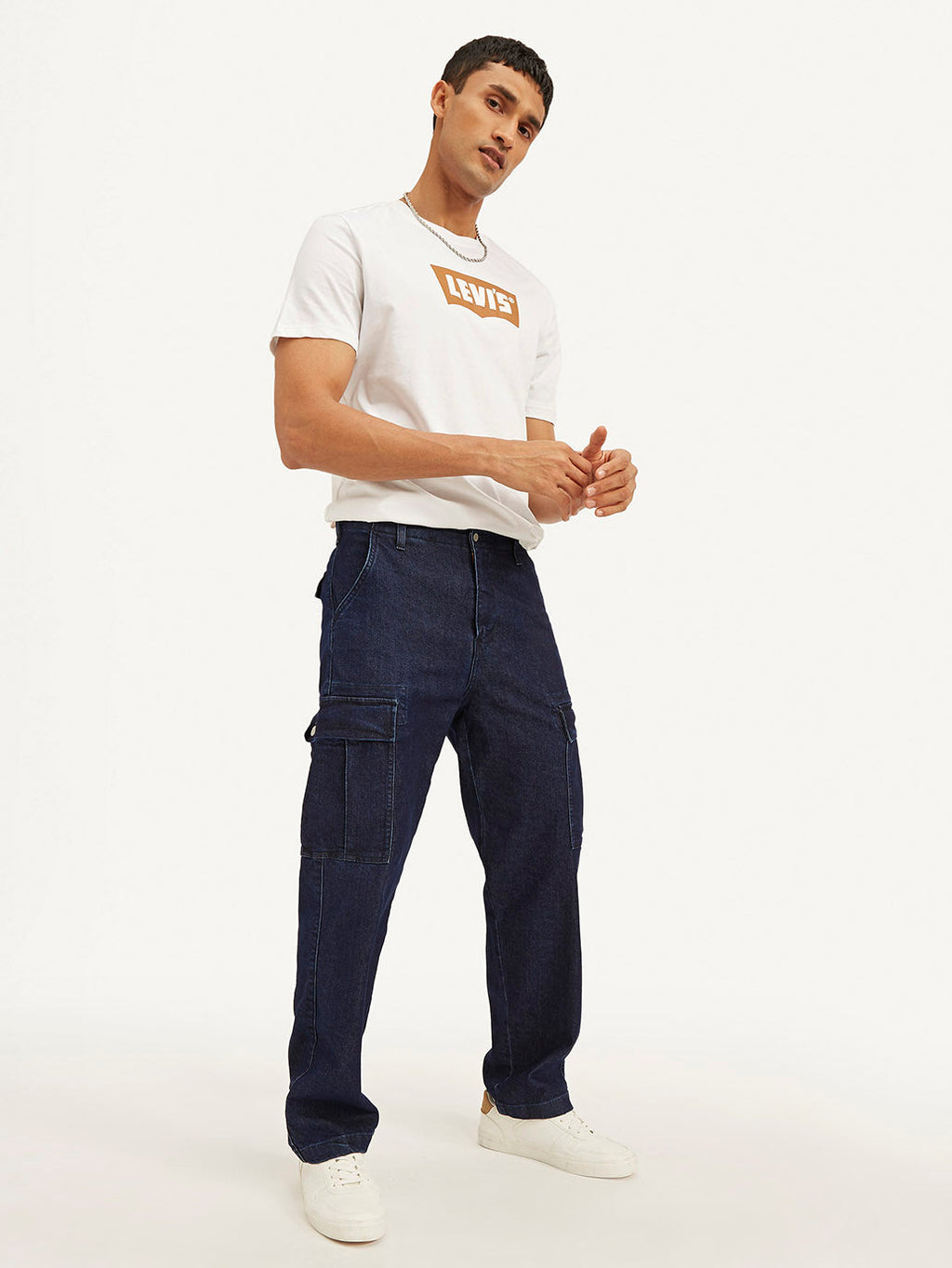 Men's Navy Blue Straight Fit Mid Rise Cargo Jeans