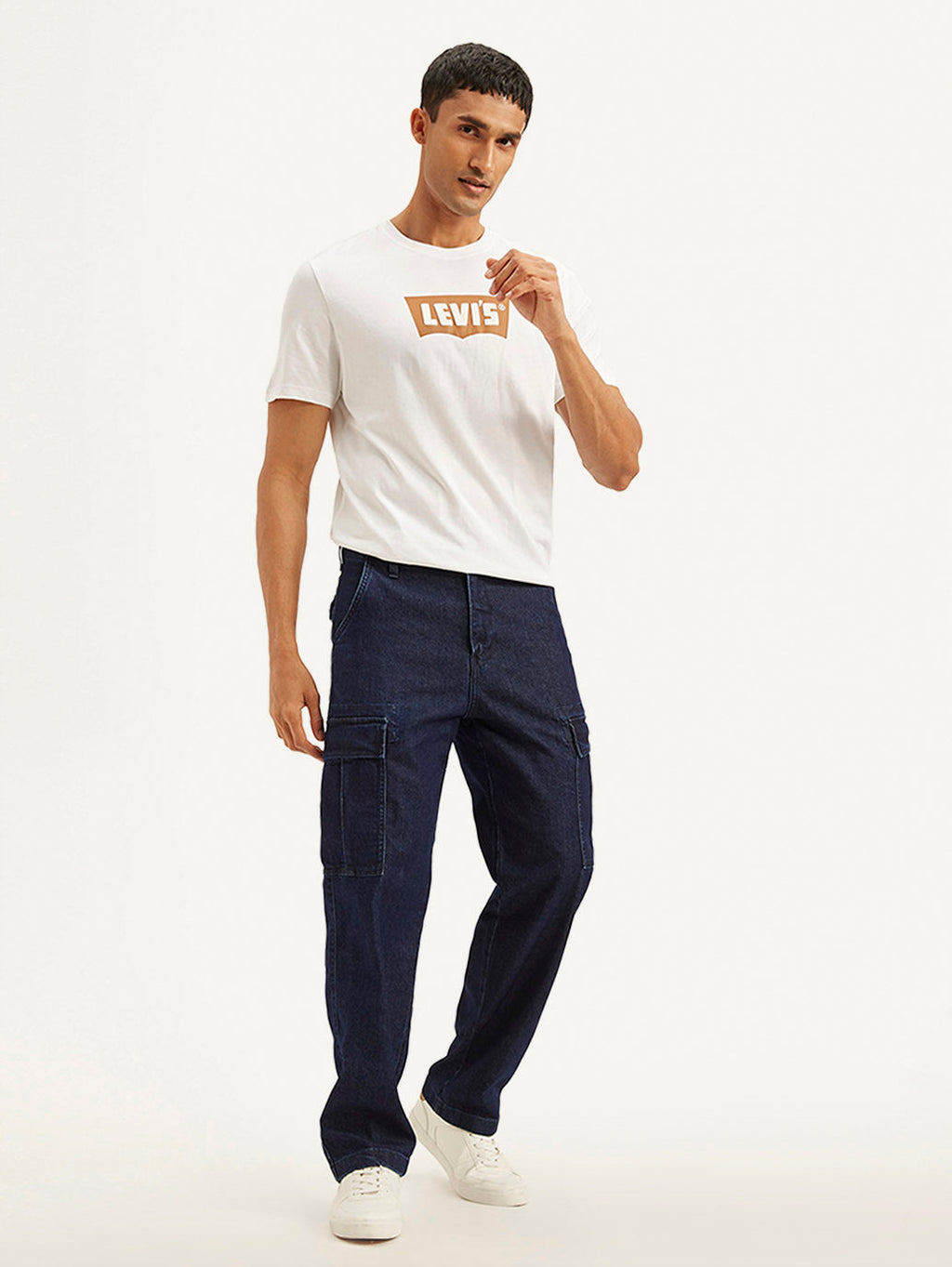 Men's Navy Blue Straight Fit Mid Rise Cargo Jeans