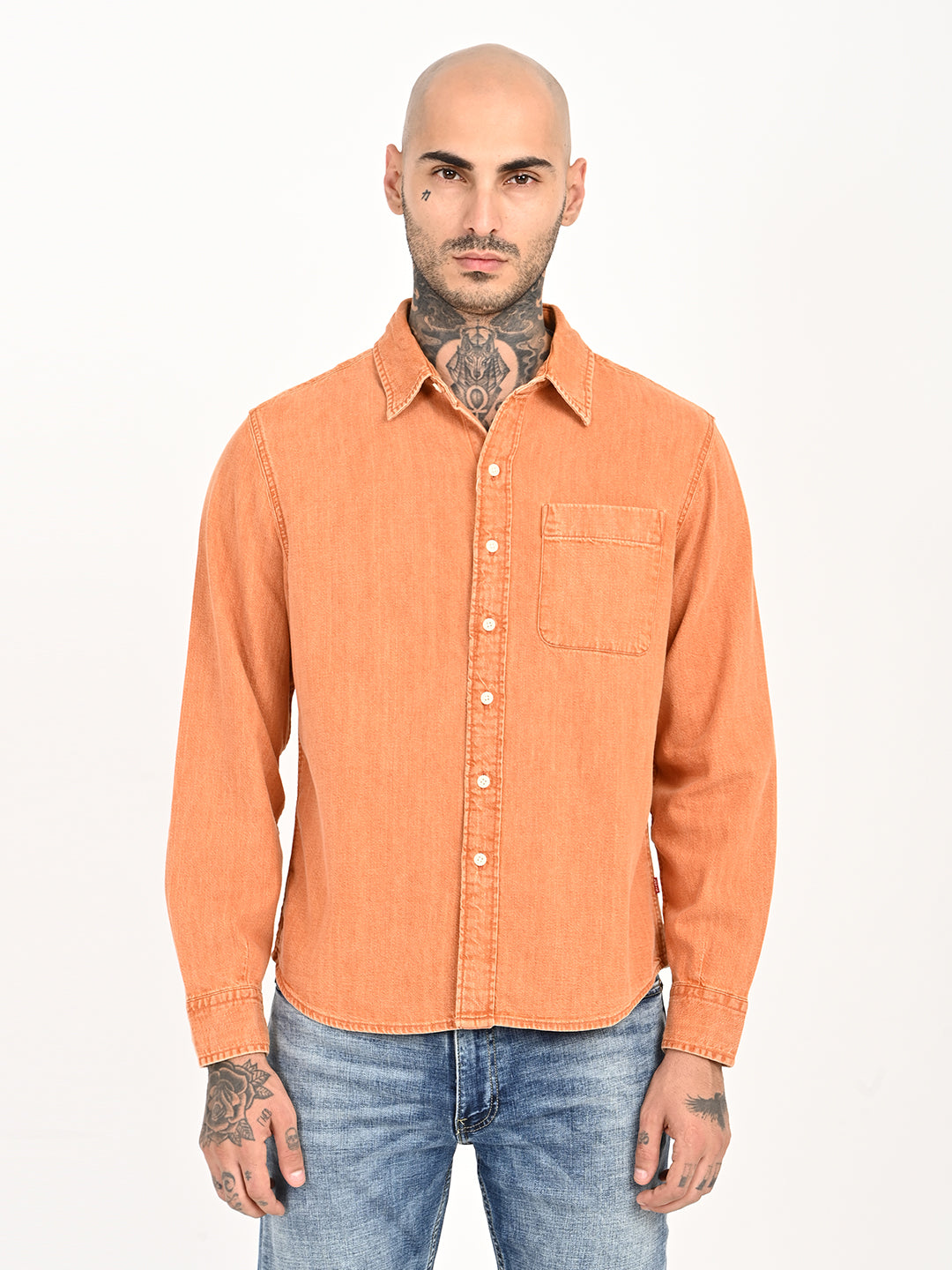 Men's Solid Orange Spread Collar Shirt