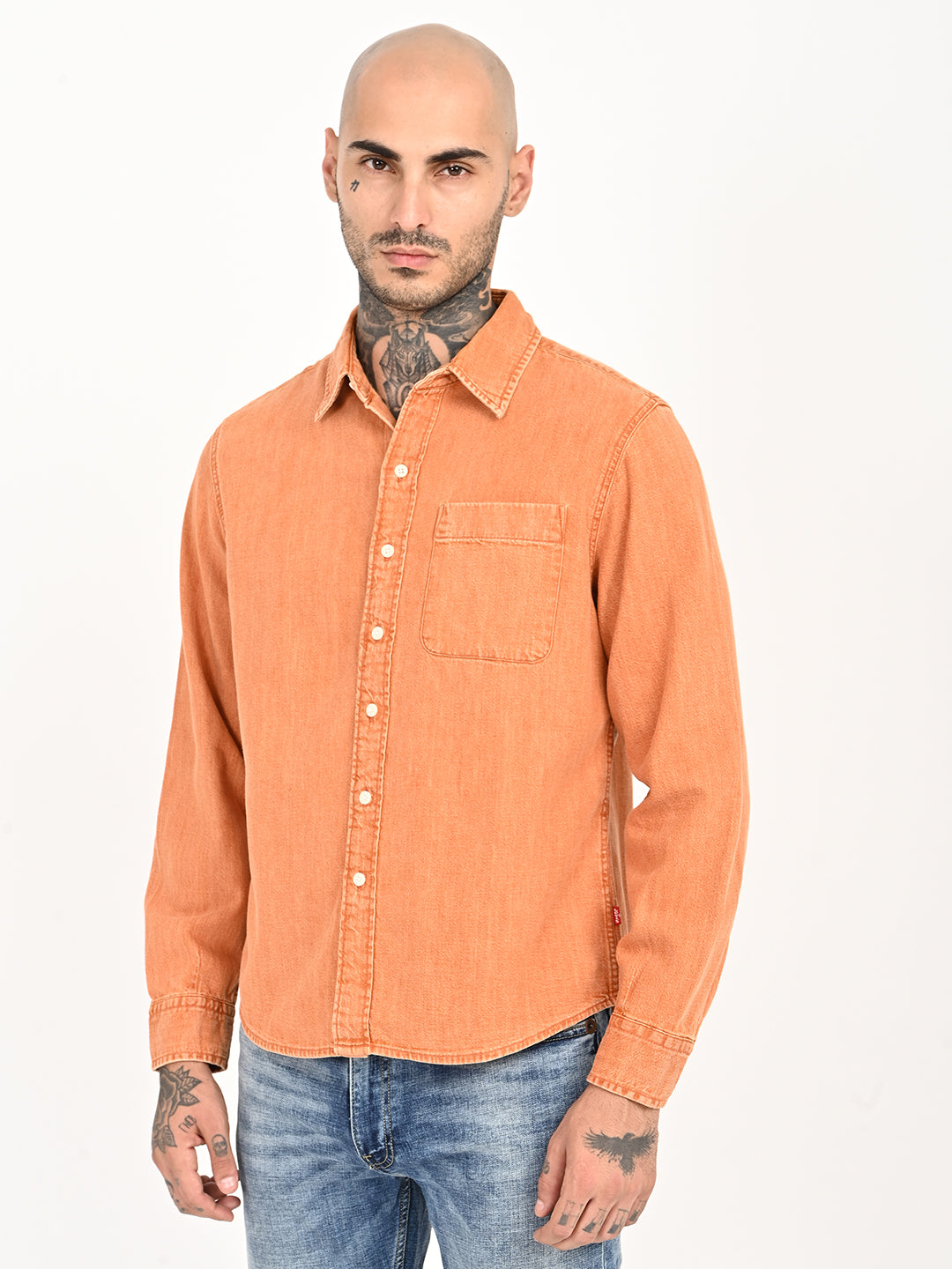 Men's Solid Orange Spread Collar Shirt