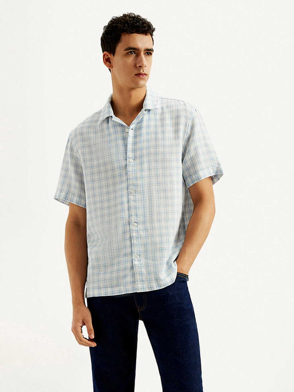 Men's Checkered Slim Fit Camp Linen Shirt