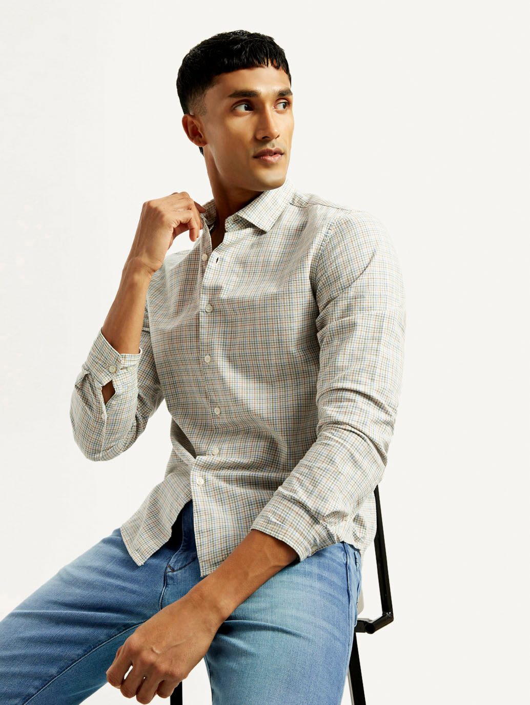 Men's Redloop Checkered Beige Slim Fit Shirt