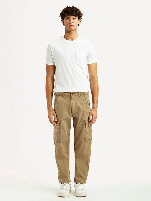 Men's Khaki Overdyed Tapered Fit Mid Rise Cargo Trousers