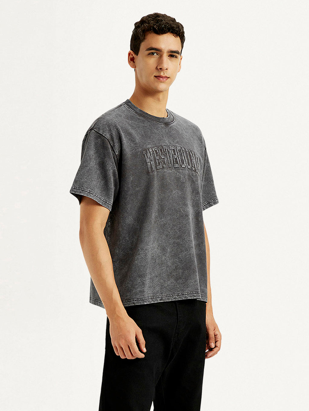 Men's Typographic Print Charcoal Grey Boxy T-shirt