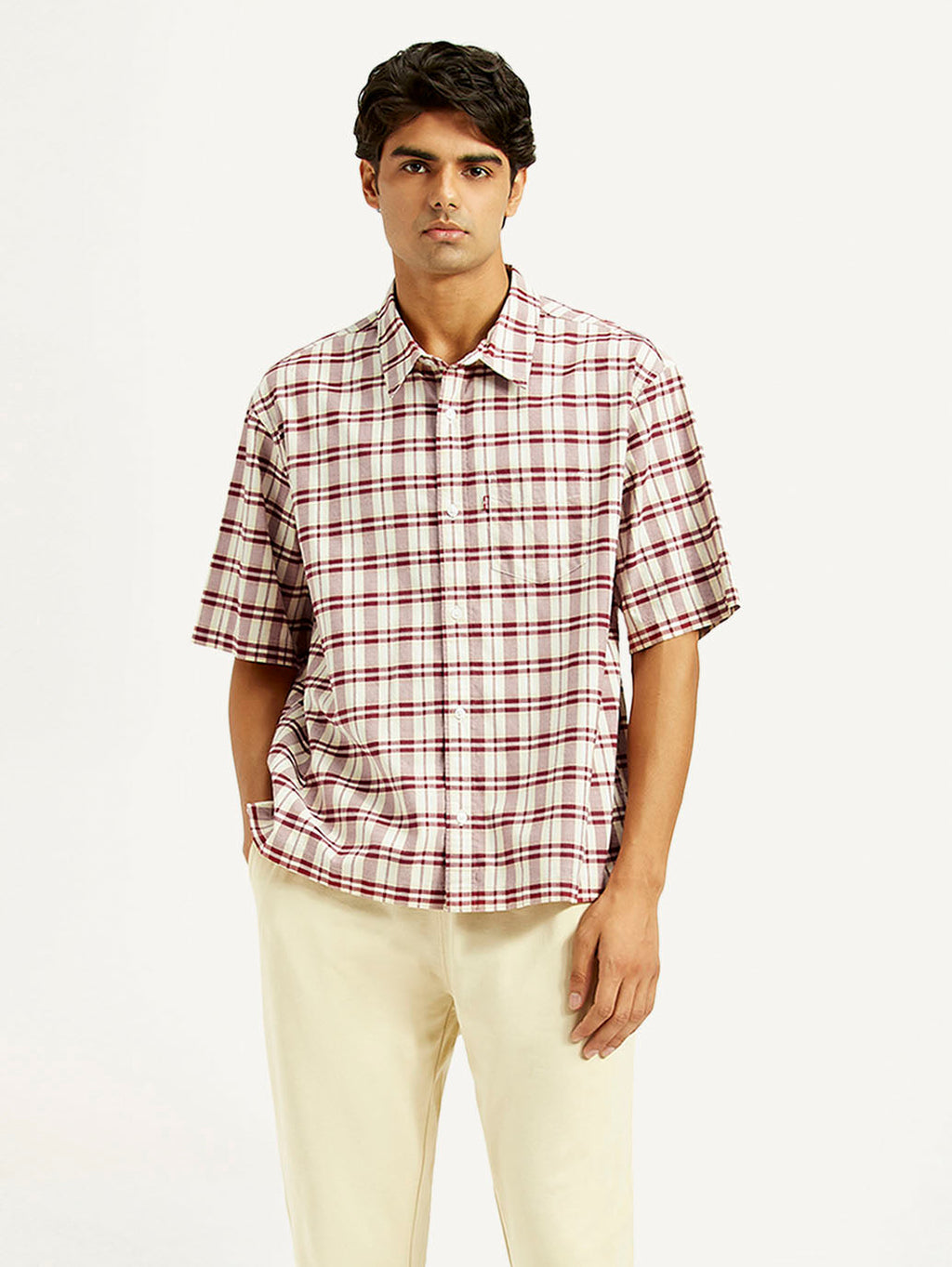 Men's Checkered White Spread Collar Shirt