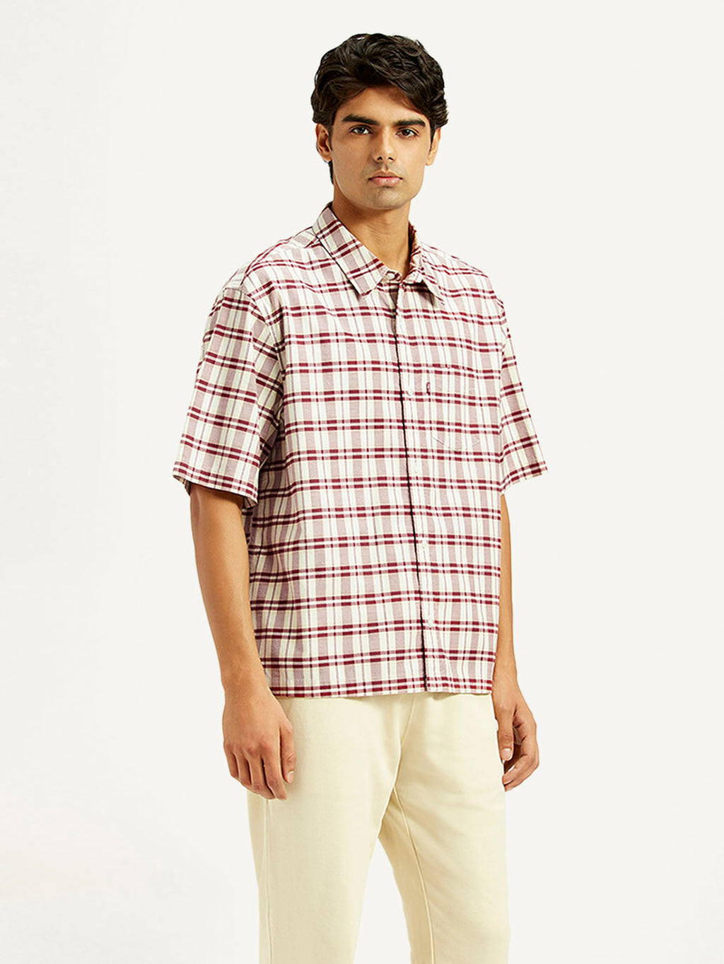 Men's Checkered White Spread Collar Shirt
