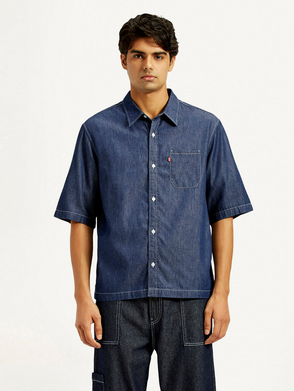 Men's Solid Dark Blue Spread Collar Denim Shirt