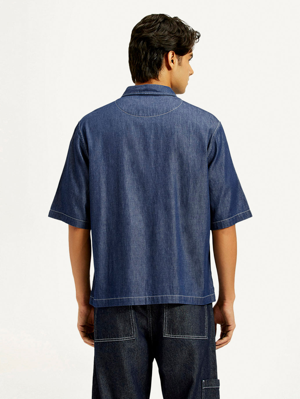 Men's Solid Dark Blue Spread Collar Denim Shirt