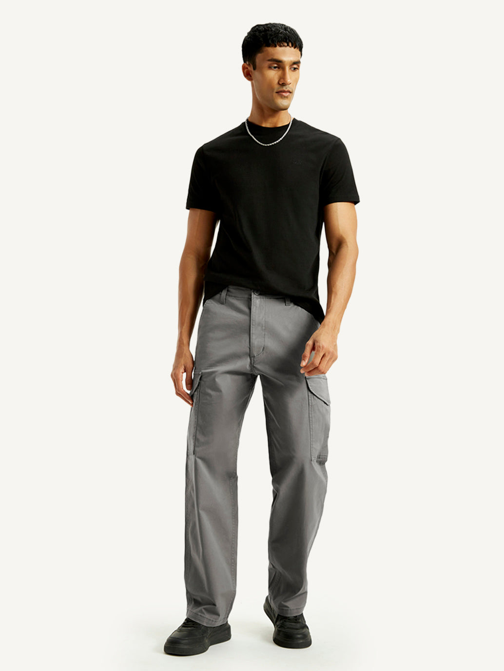 Men's Grey Baggy Fit Mid Rise Cargo Trousers