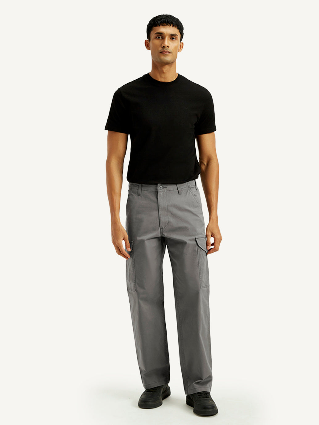 Men's Grey Baggy Fit Mid Rise Cargo Trousers