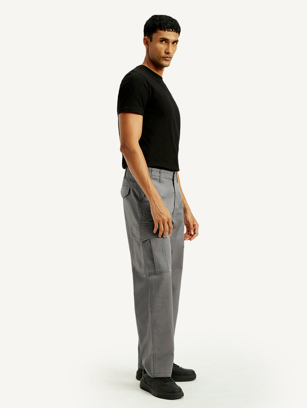 Men's Grey Baggy Fit Mid Rise Cargo Trousers