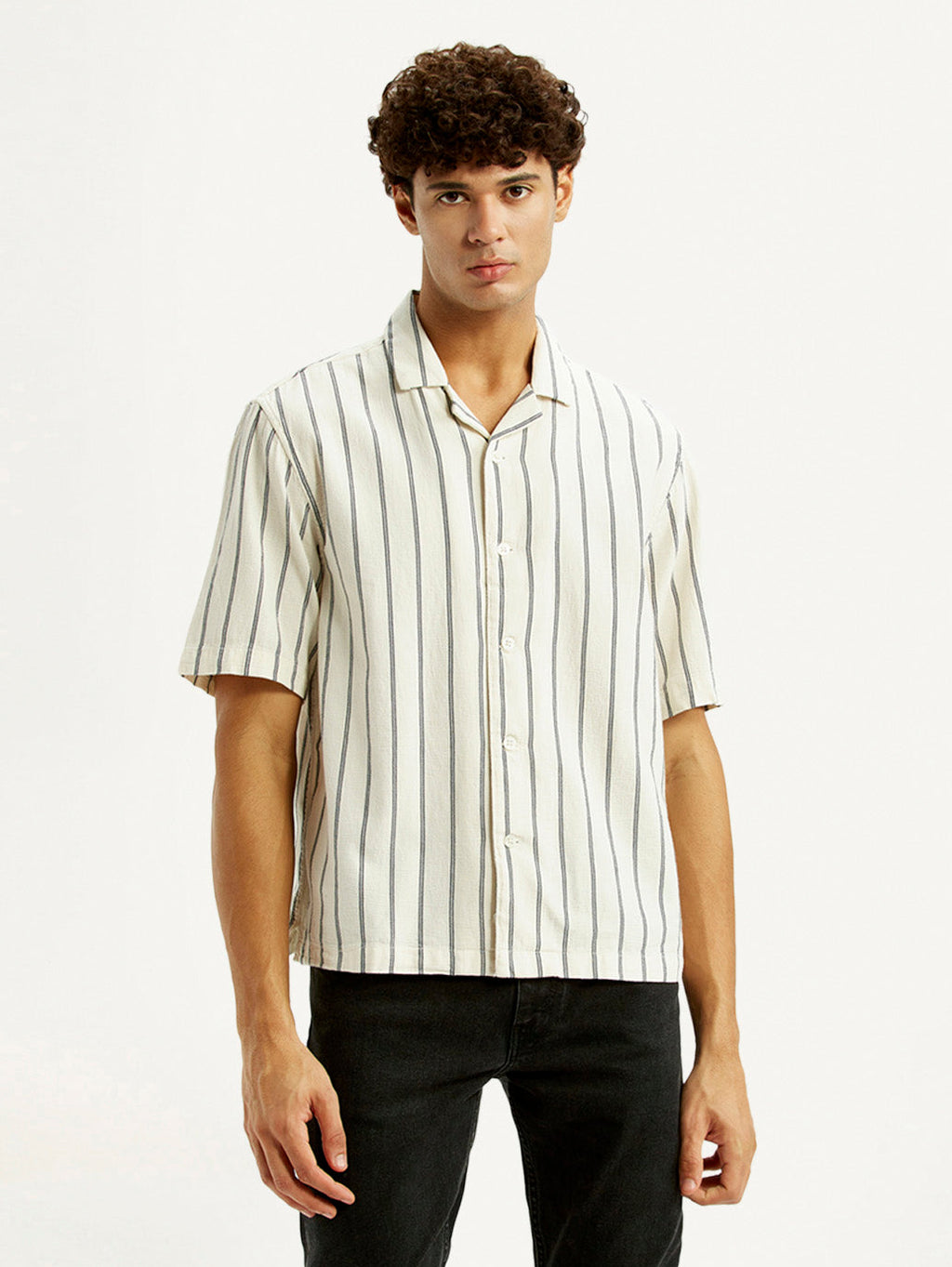 Men's Striped Off White Boxy Fit Camp Shirt