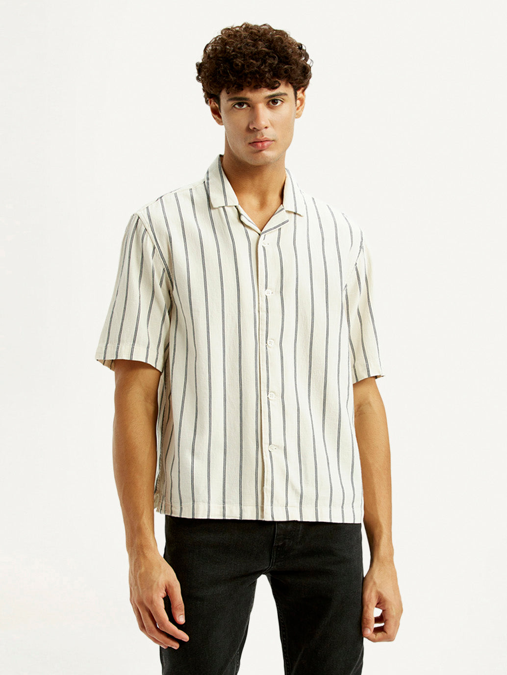 Men's Striped Off White Boxy Fit Camp Shirt
