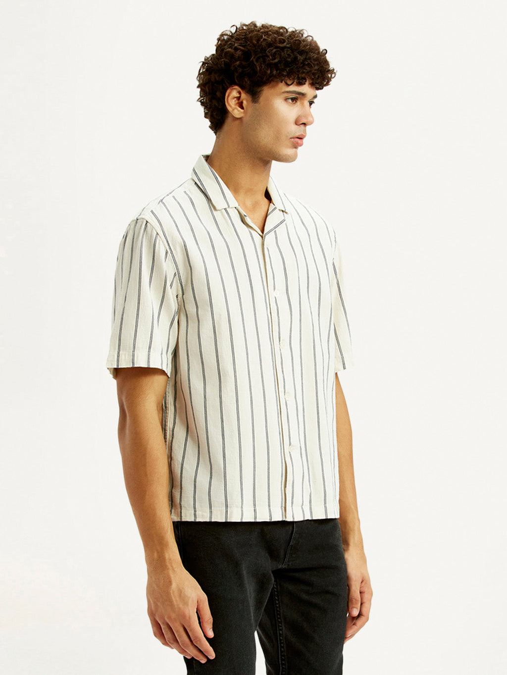 Men's Striped Off White Boxy Fit Camp Shirt