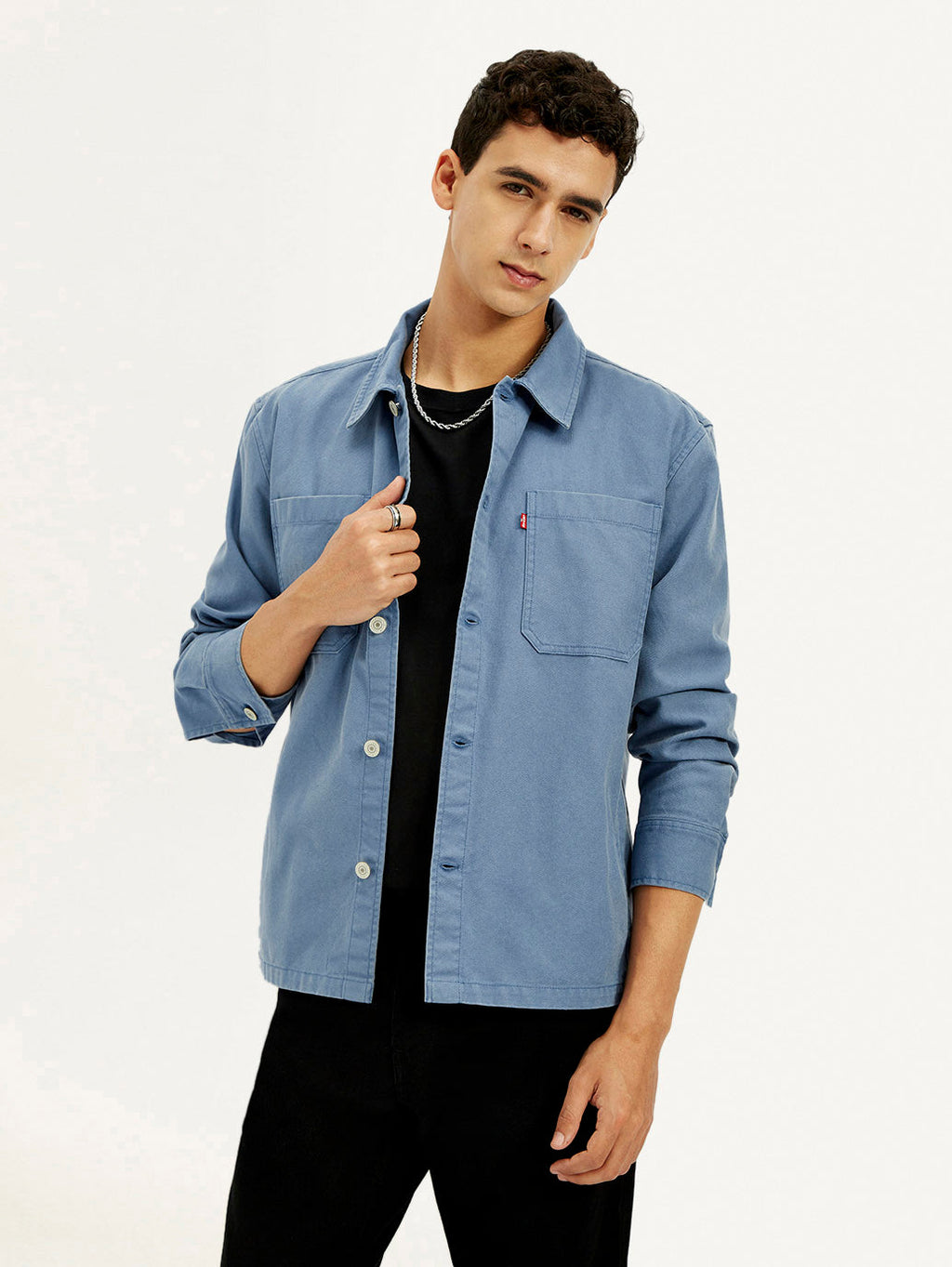 Men's Solid Blue Slim Fit Shacket