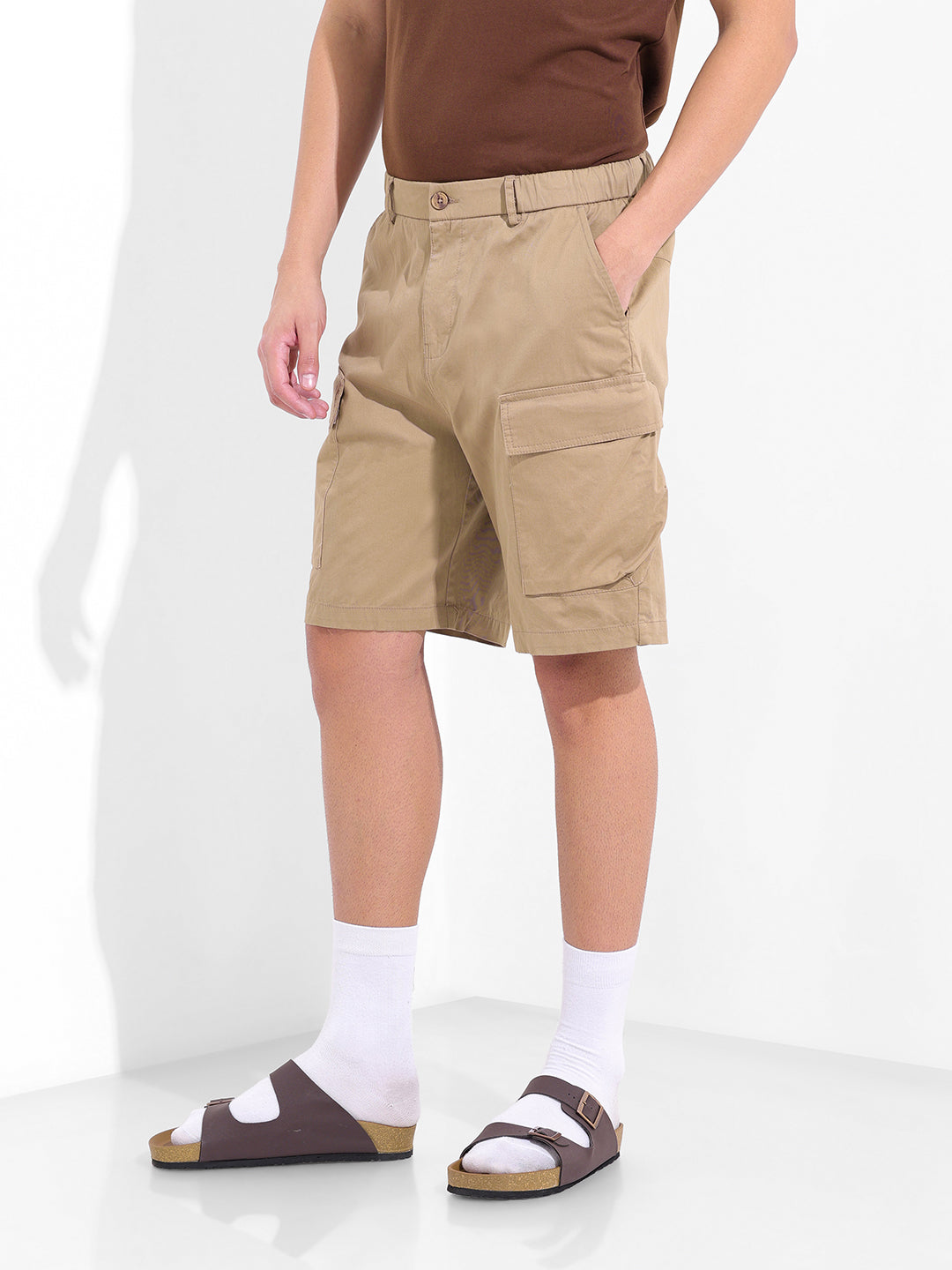 Men's Khaki Relaxed Fit Solid Utility Shorts