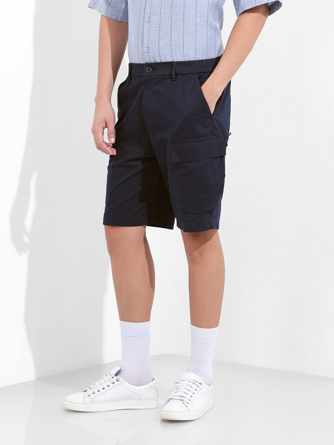 Men's Navy Blue Relaxed Fit Solid Utility Shorts