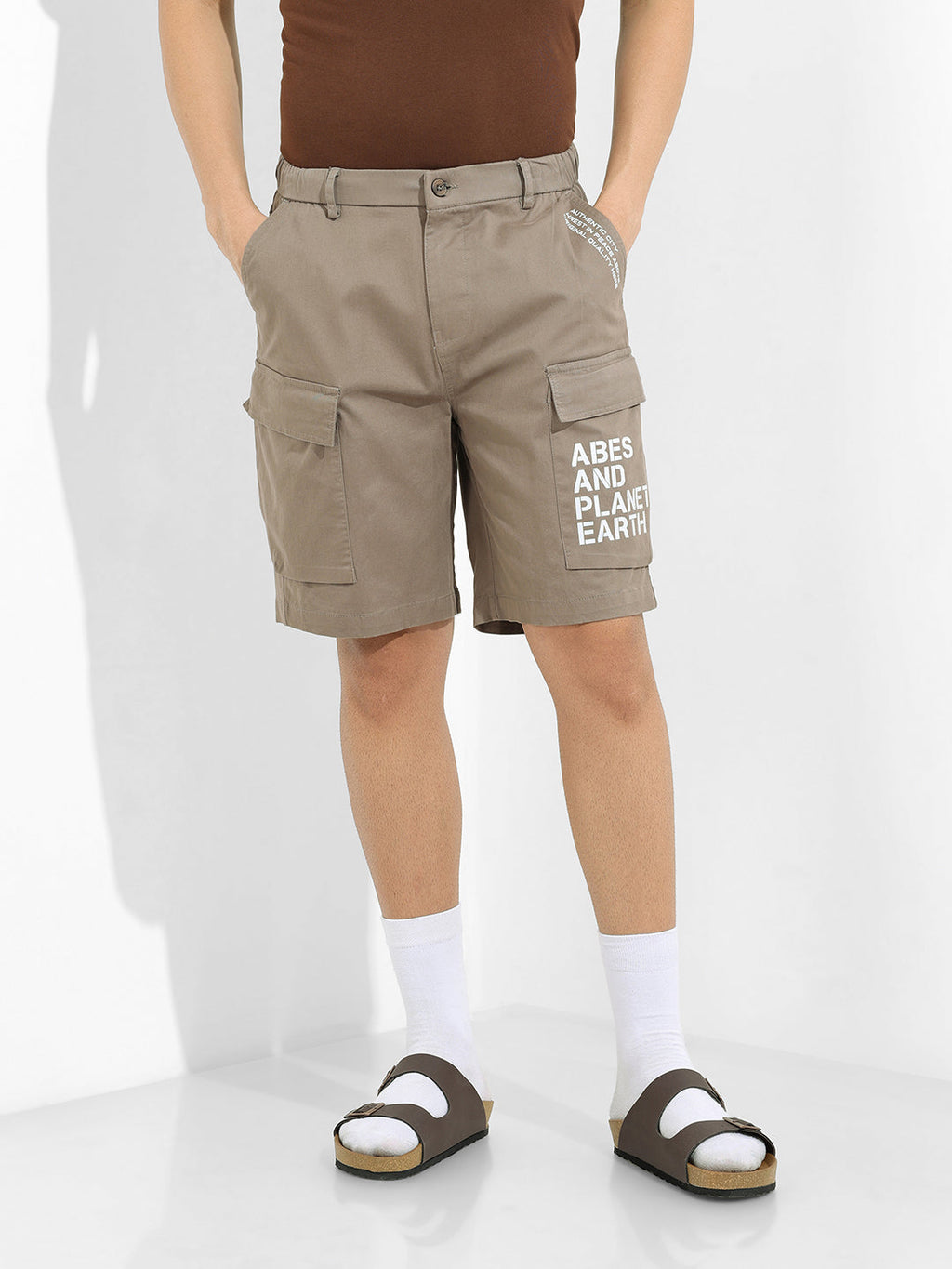 Men's Taupe Relaxed Fit Solid Utility Shorts