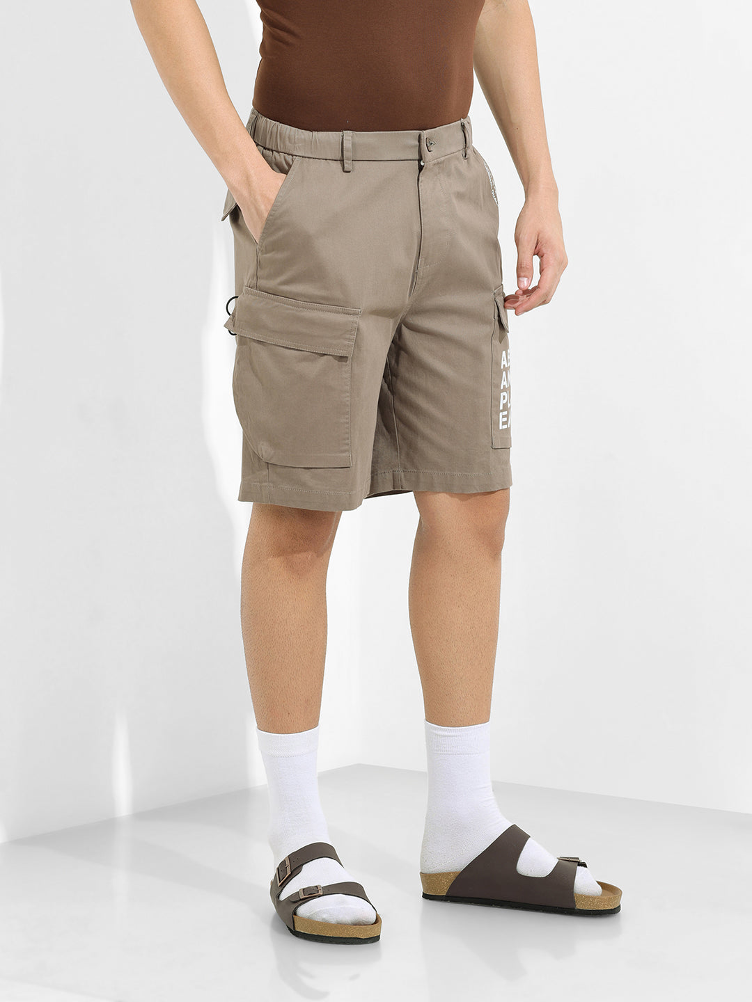 Men's Taupe Relaxed Fit Solid Utility Shorts