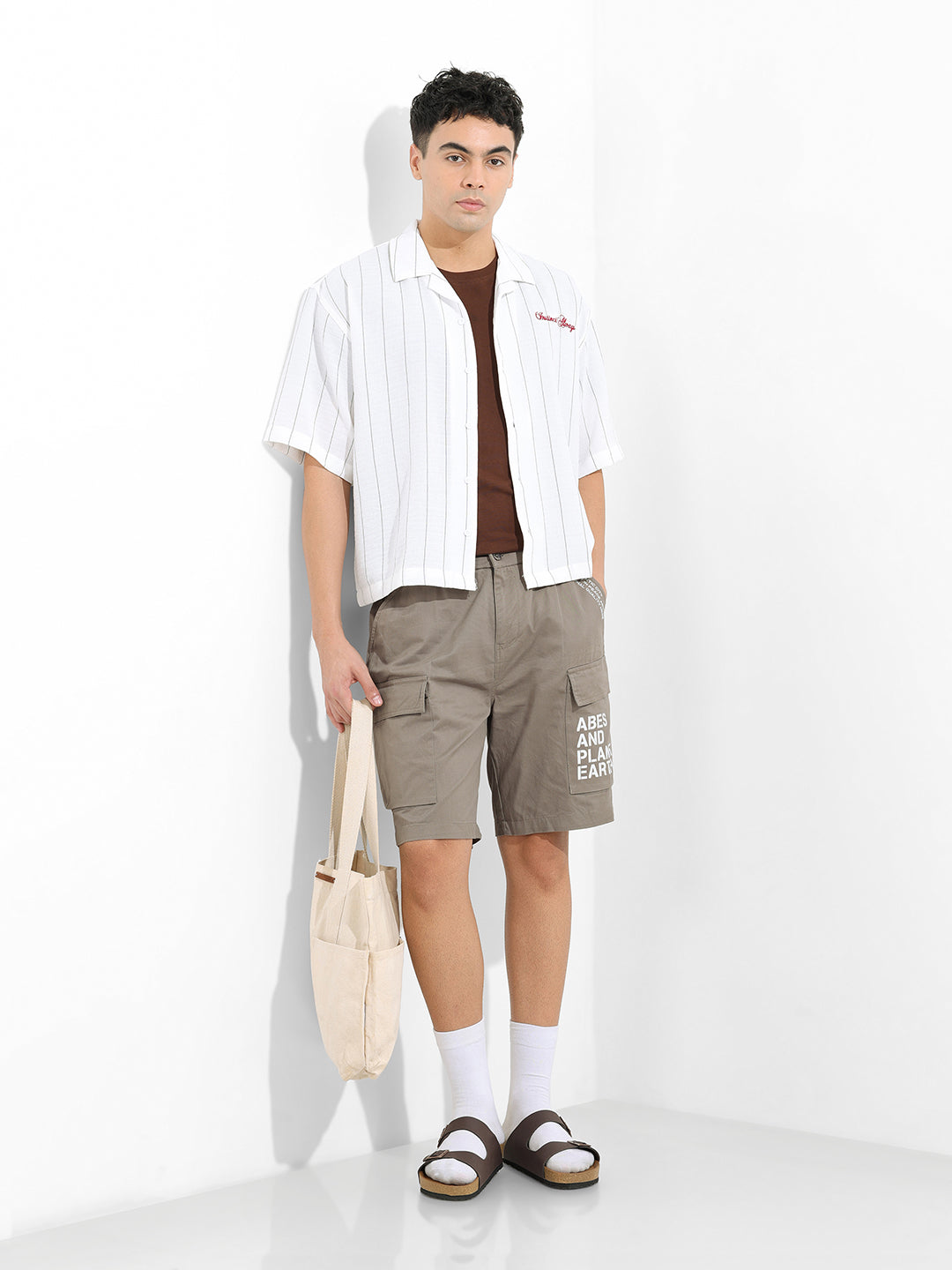 Men's Stone Grey Relaxed Fit Solid Utility Shorts