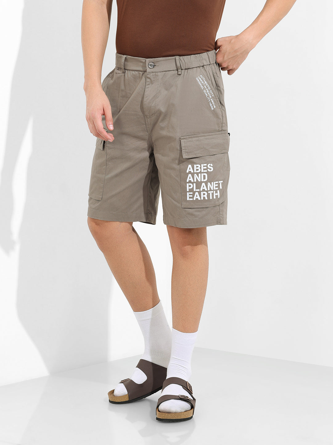 Men's Stone Grey Relaxed Fit Solid Utility Shorts