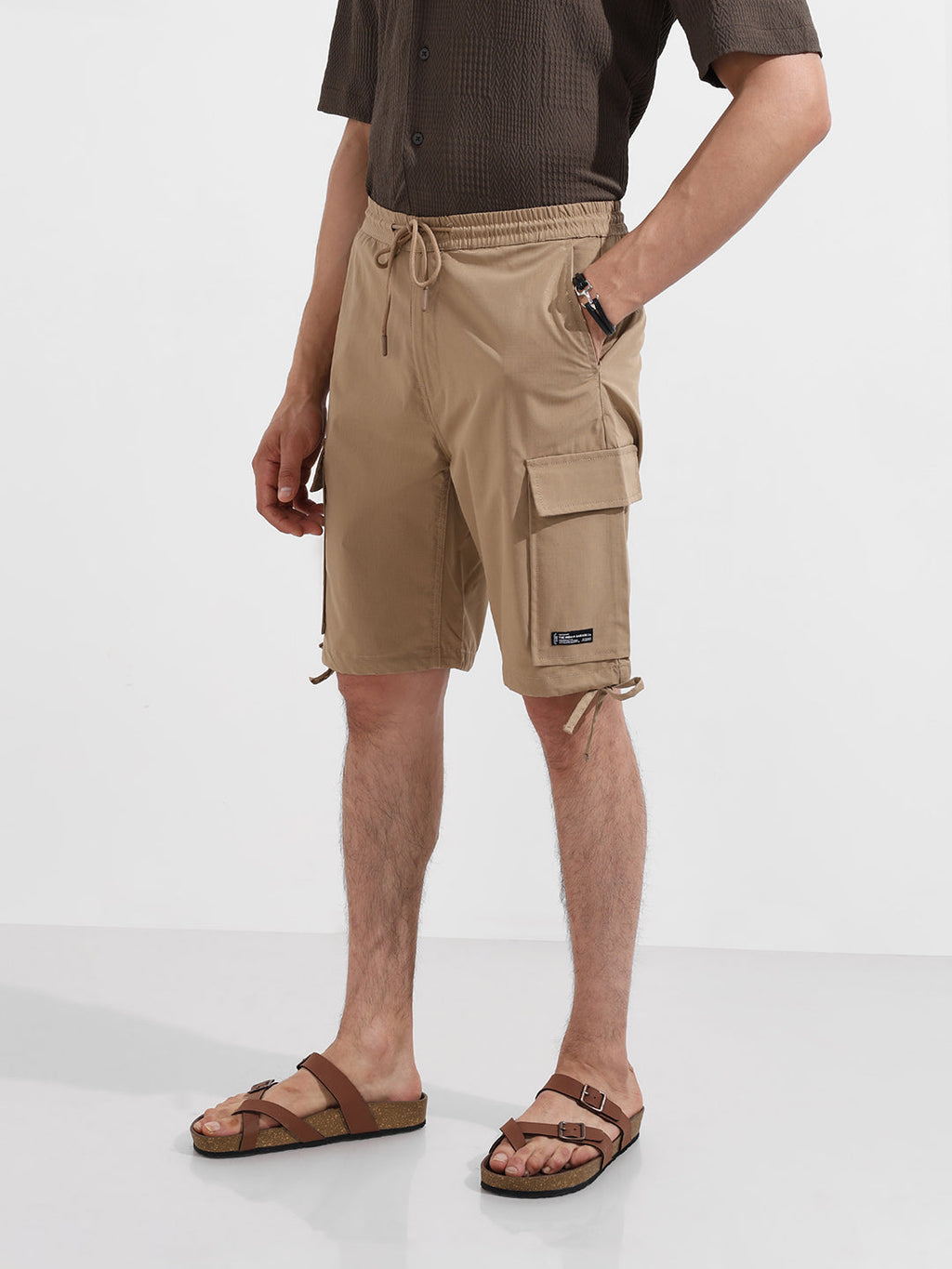Men's Khaki Relaxed Fit Textured Utility Shorts