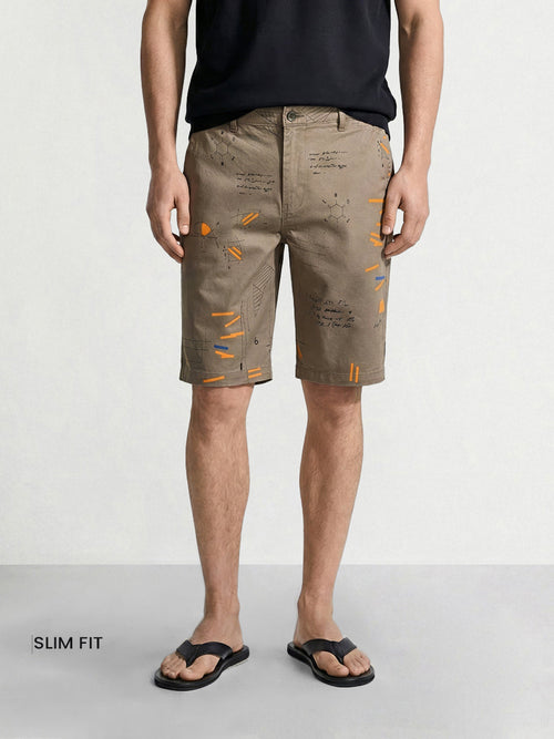 Men's Grey Slim Fit Printed Casual Shorts