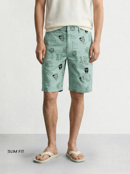 Men's Green Slim Fit Printed Casual Shorts