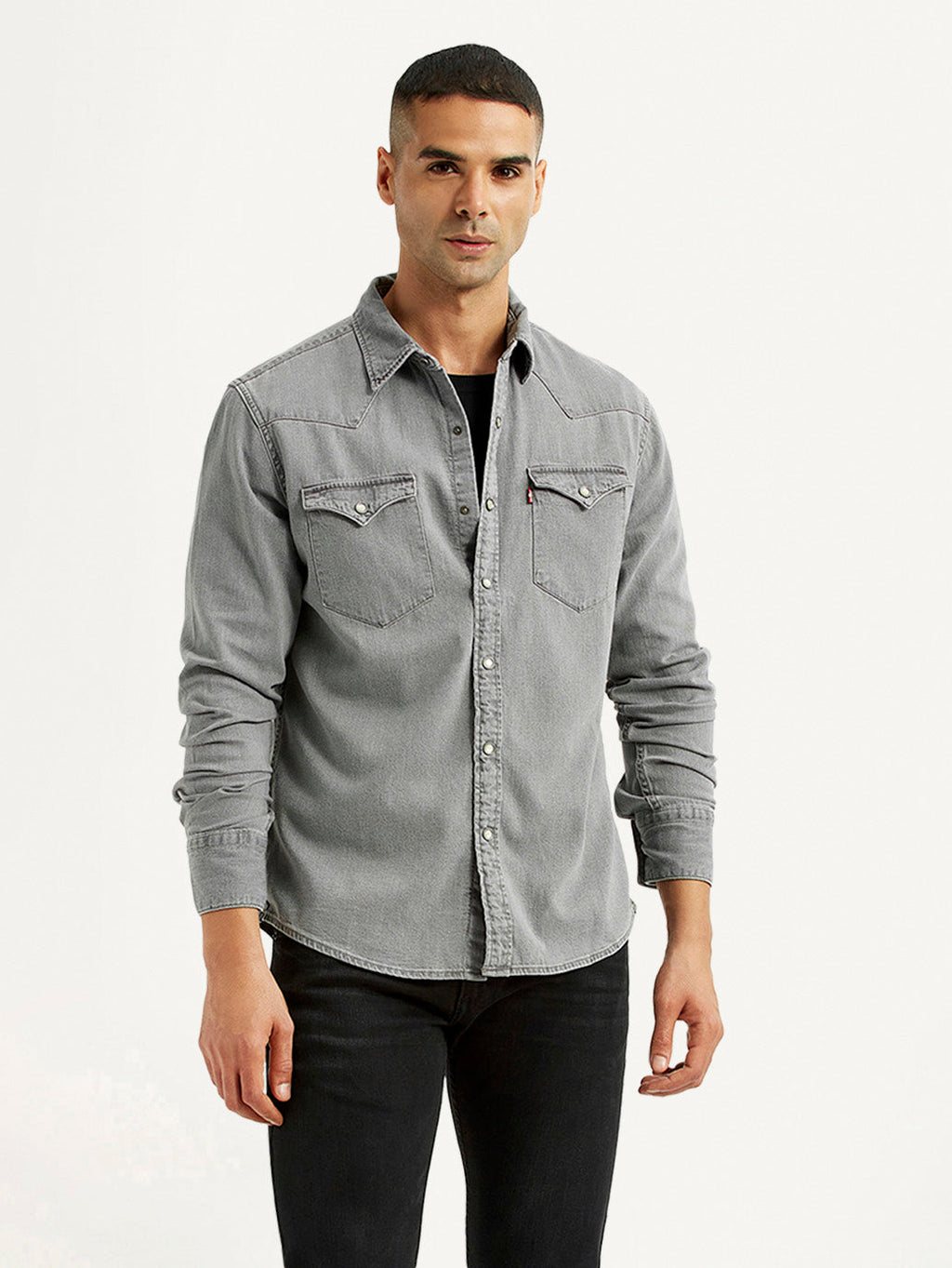 Men's Solid Grey Slim Fit Denim Shirt