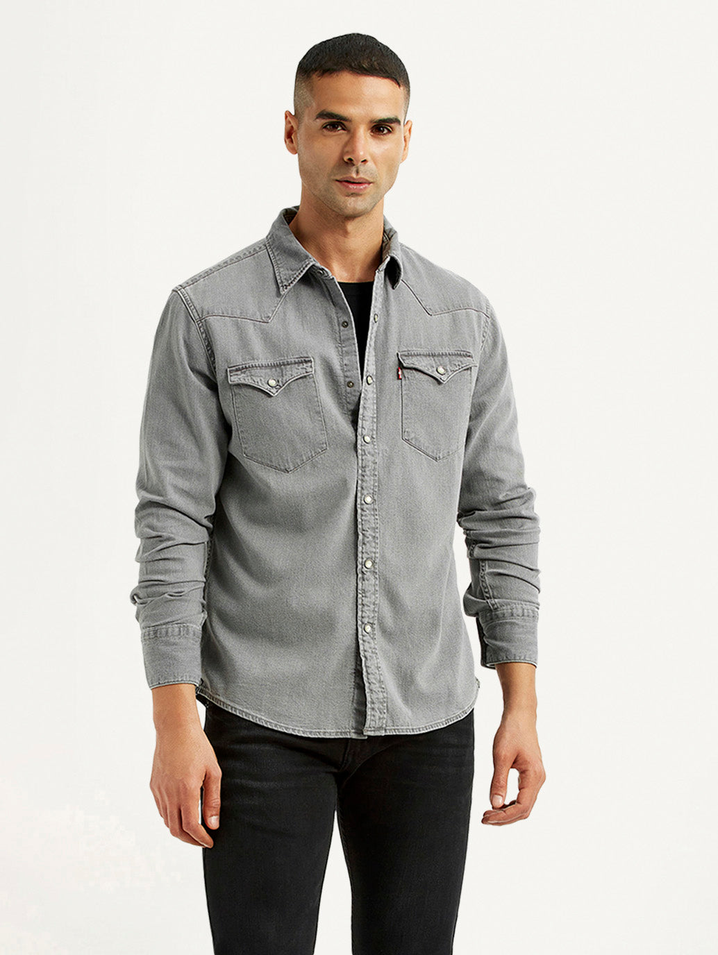 Men's Solid Grey Slim Fit Denim Shirt
