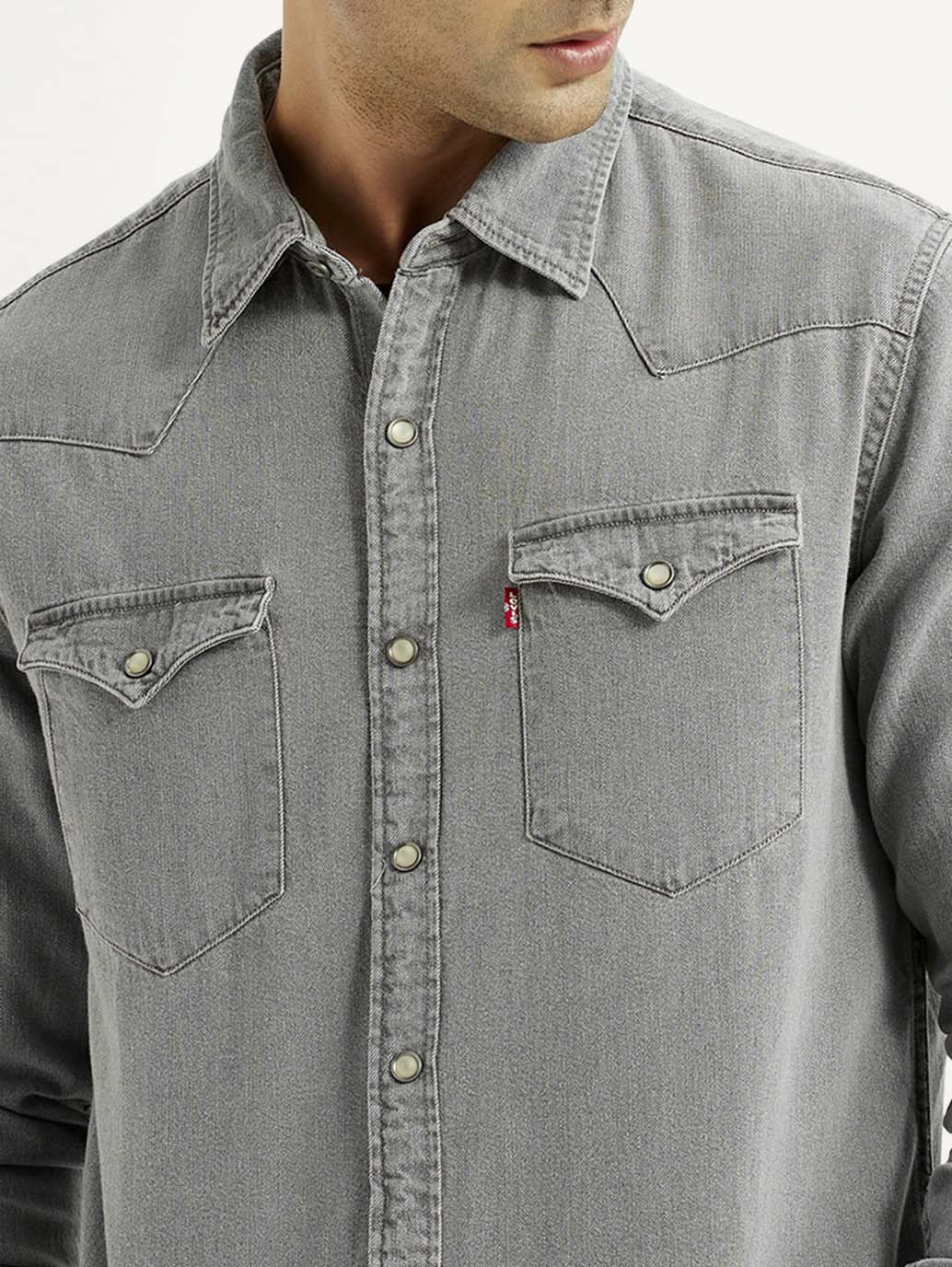 Men's Solid Grey Slim Fit Denim Shirt
