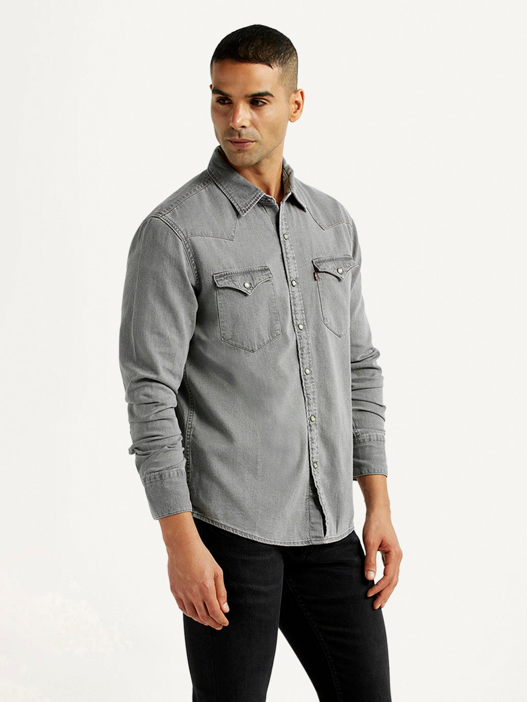 Men's Solid Grey Slim Fit Denim Shirt