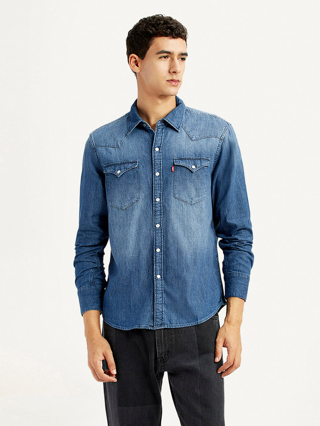 Men's Solid Blue Slim Fit Denim Shirt