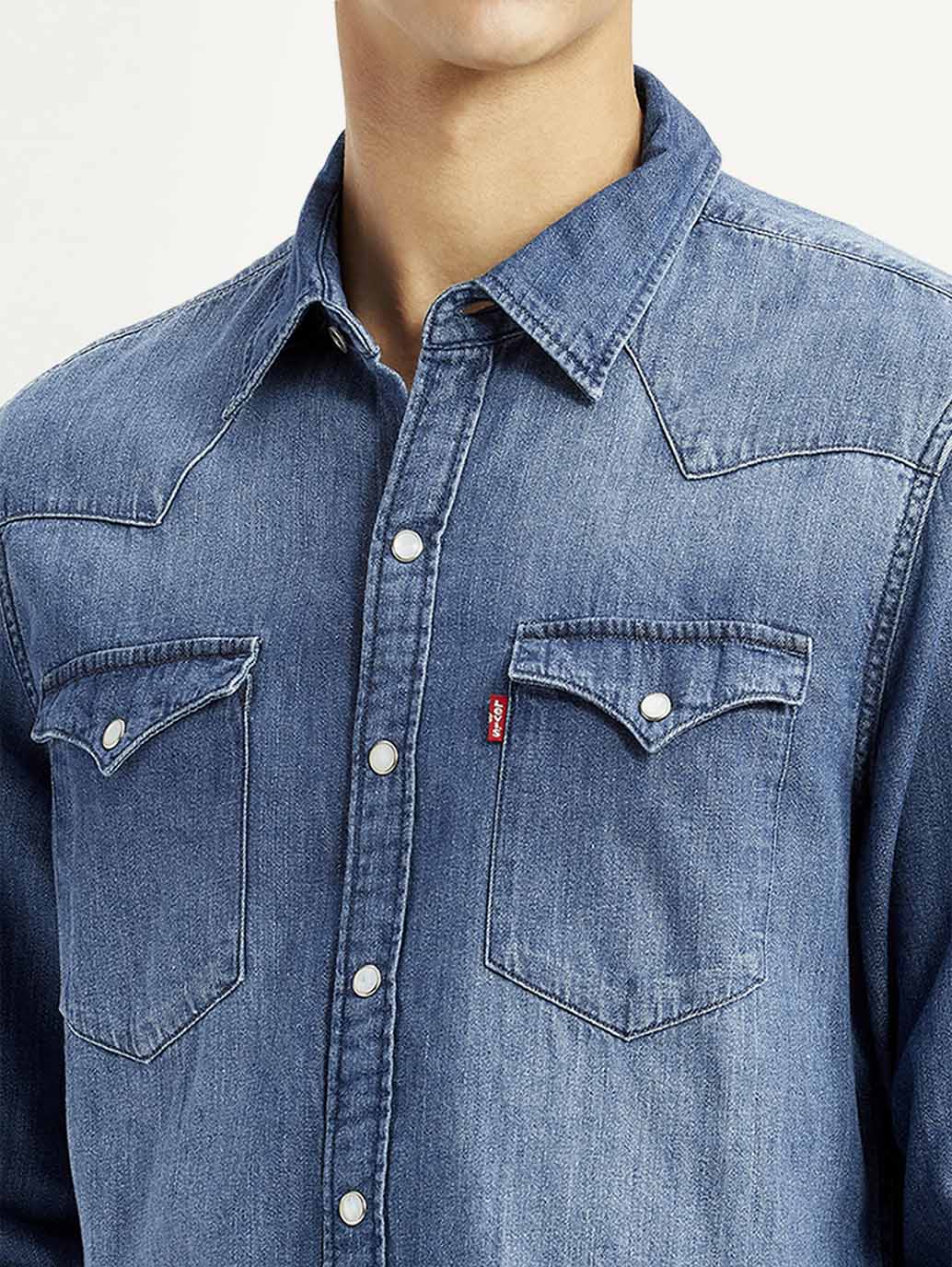 Men's Solid Blue Slim Fit Denim Shirt