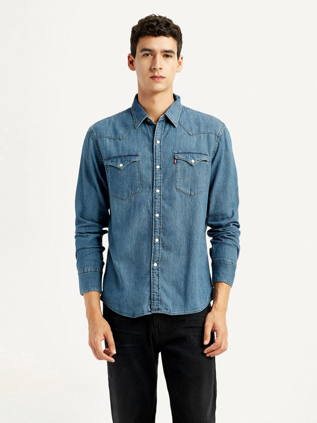 Men's Solid Blue Slim Fit Denim Shirt