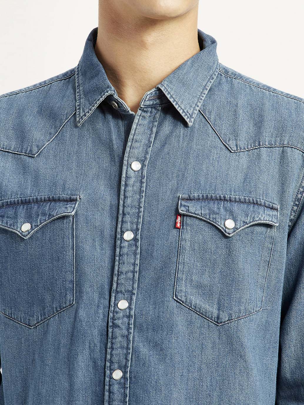 Men's Solid Blue Slim Fit Denim Shirt