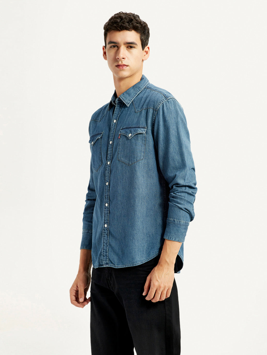 Men's Solid Blue Slim Fit Denim Shirt
