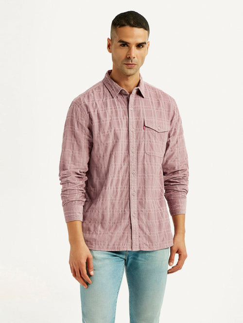 Men's Mauve Checkered Slim Fit Corduroy Shirt