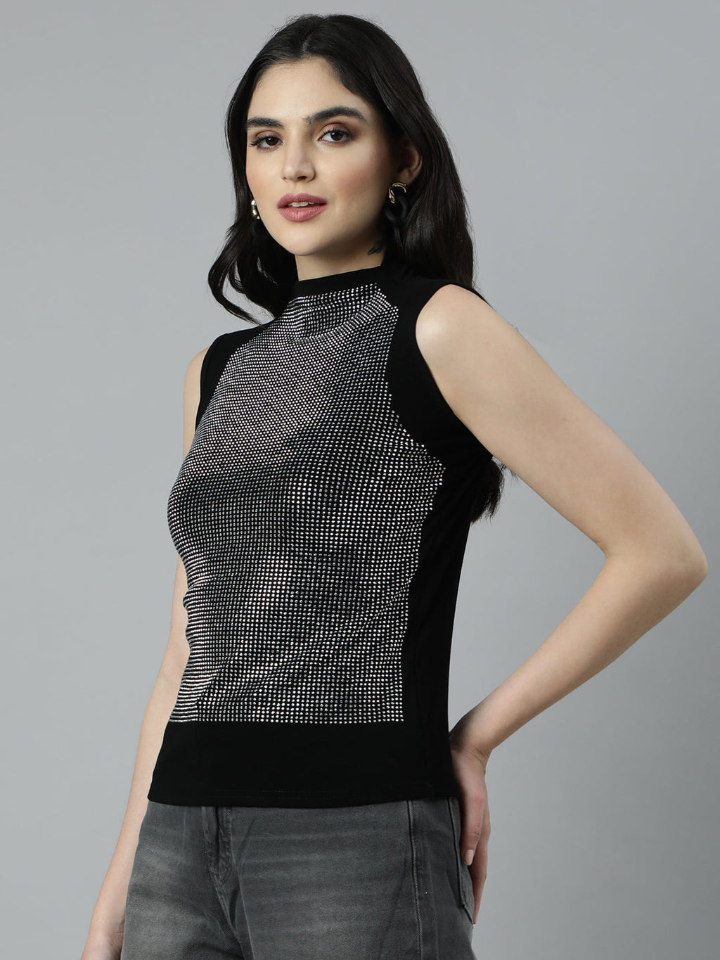 Women's Black High Neck Embellished Top