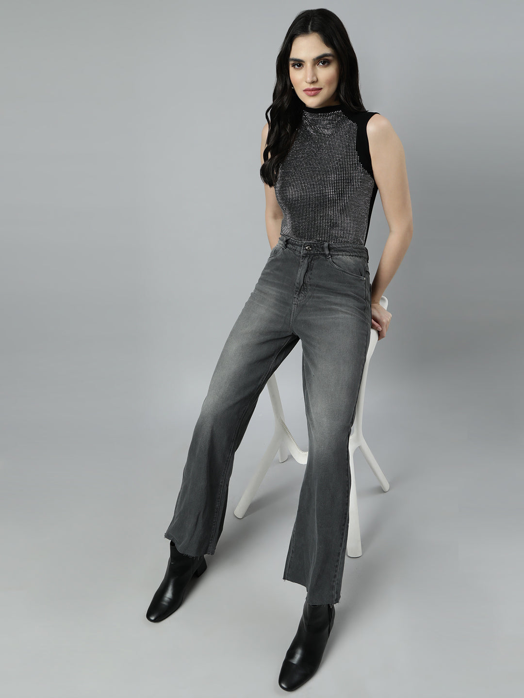 Women's Black High Neck Embellished Top