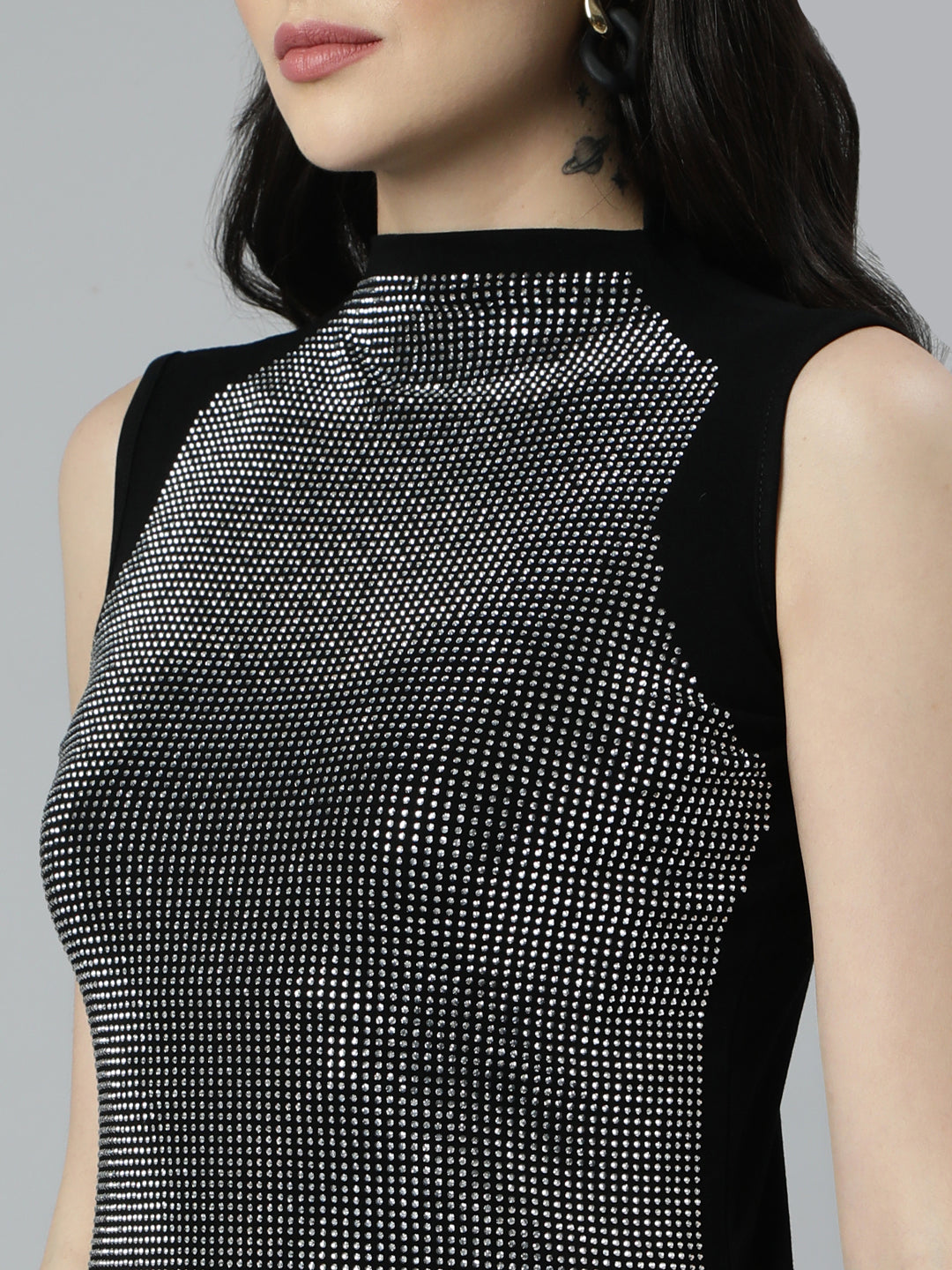 Women's Black High Neck Embellished Top