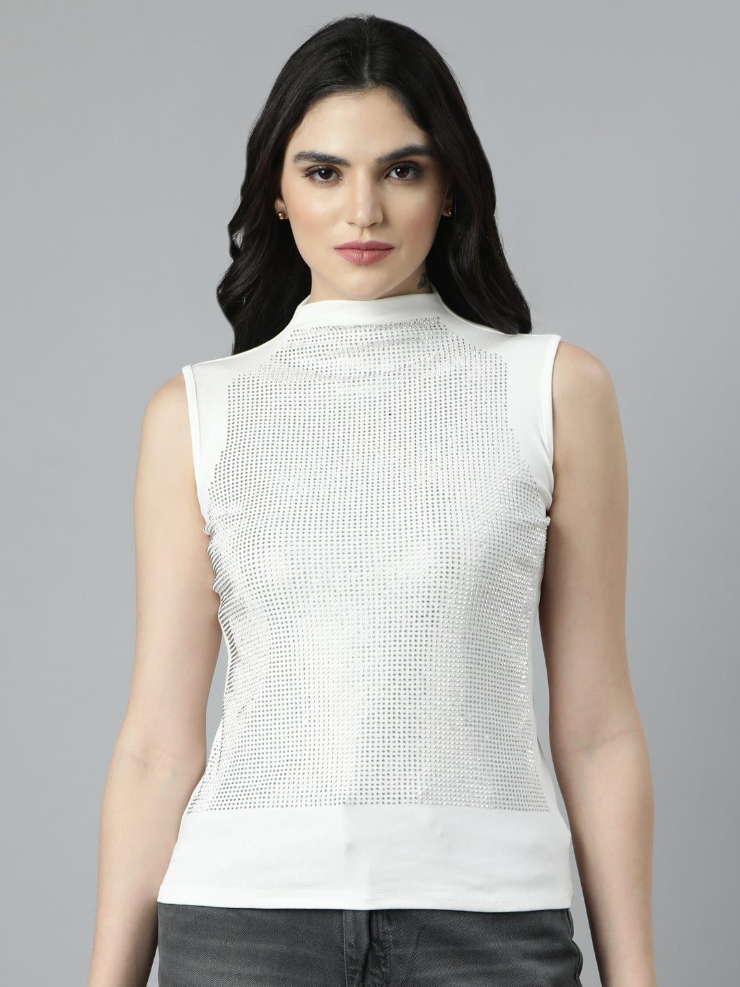 Women's Off White High Neck Studded Top