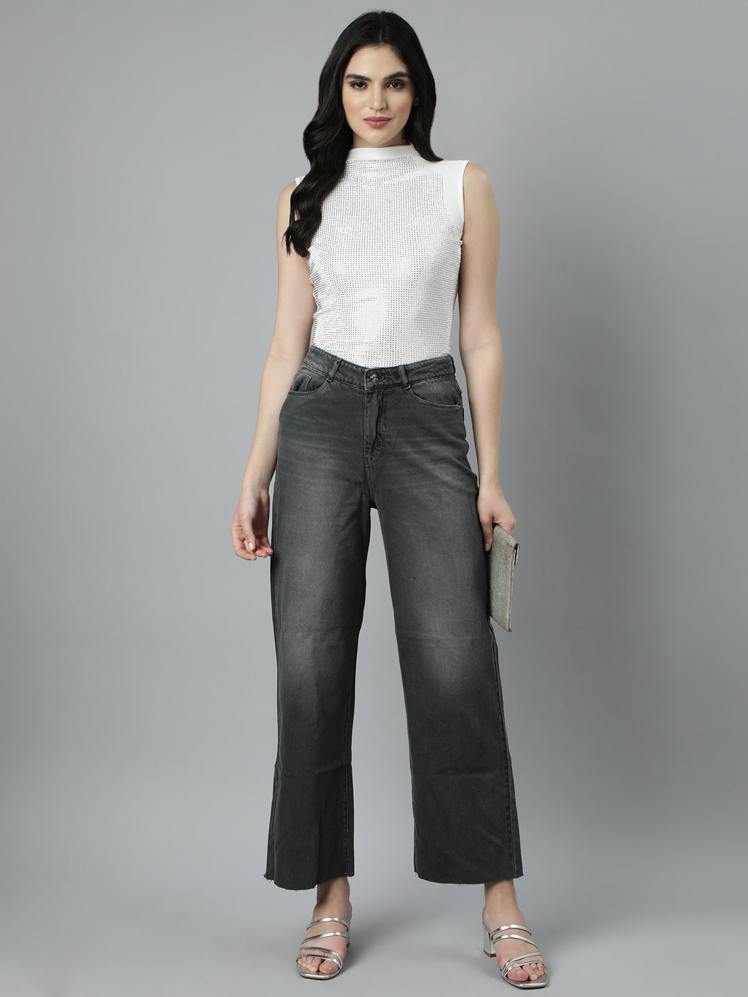 Women's Off White High Neck Studded Top