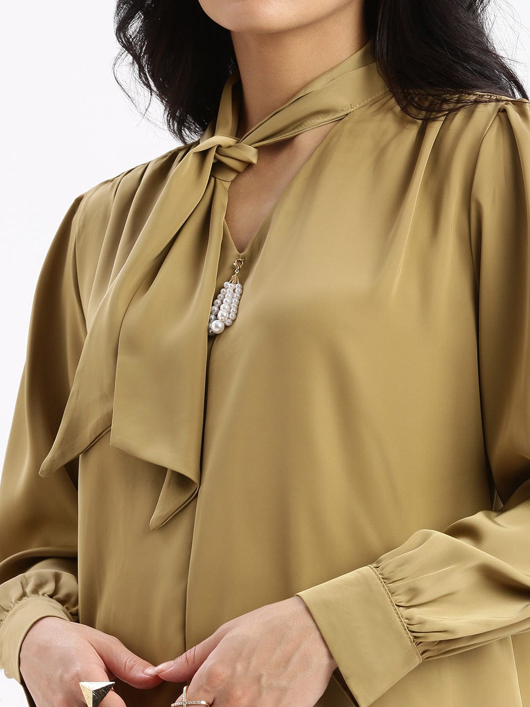 Women's Khaki Solid Tie-Up Neck Satin Top