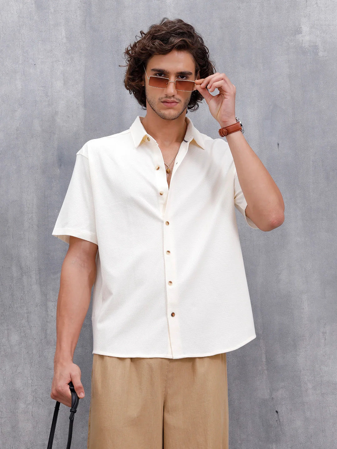 Knit Popcorn Texture Slim Fit Shirt | Off White
